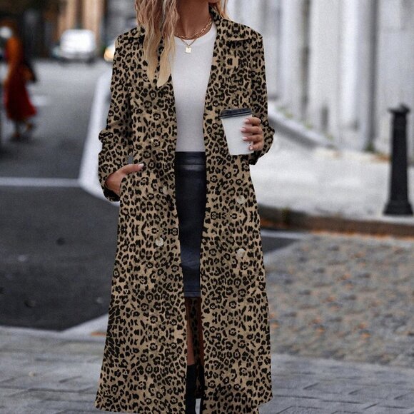 Multicolor Casual Women's Cinched Waist Leopard Print Trench Coat - Picture 4 of 6